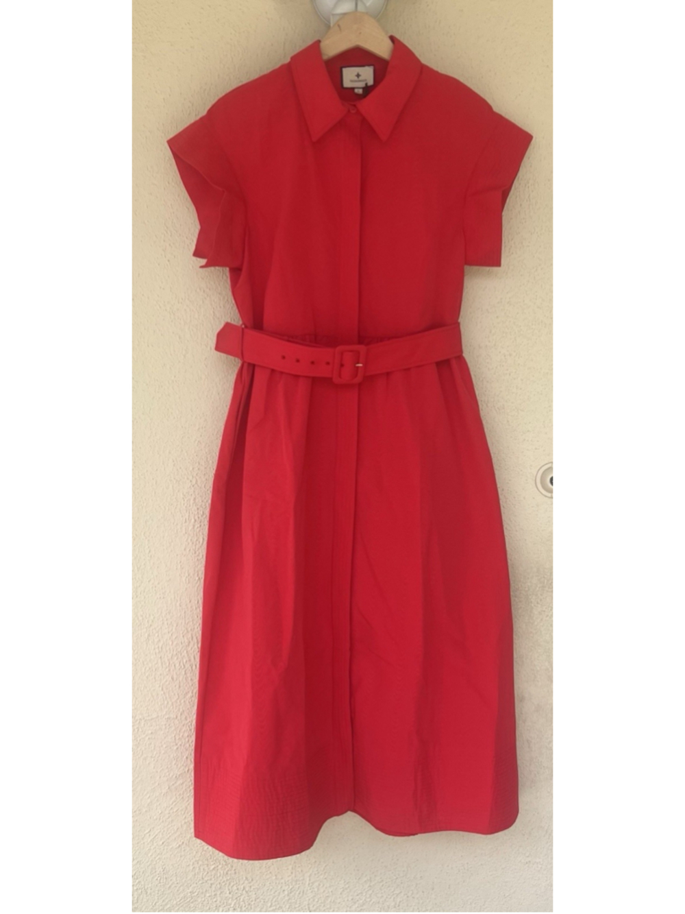 New Tuckernuck Red Chloe Midi Dress L Belted Collared Moir Classic Elegant - Picture 8 of 14